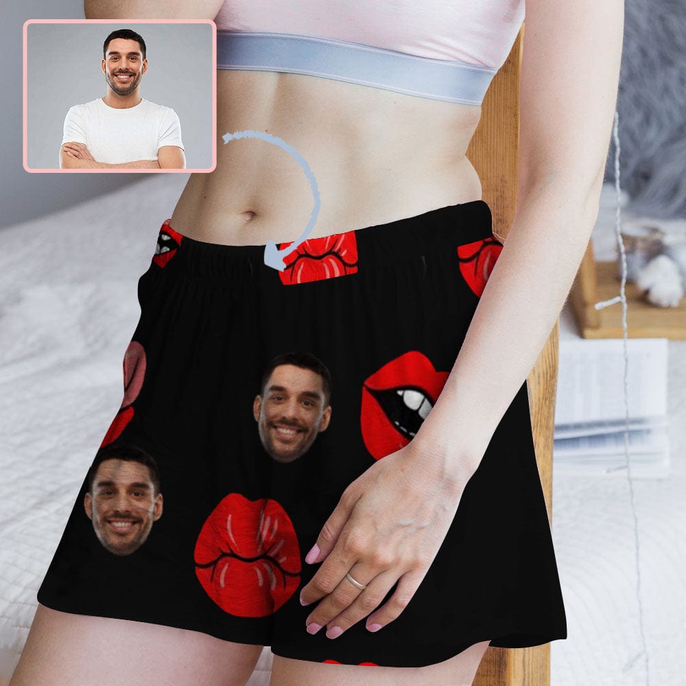 Custom Face Women Pajama Shorts Personalized Red Lips Sleepwear Shorts