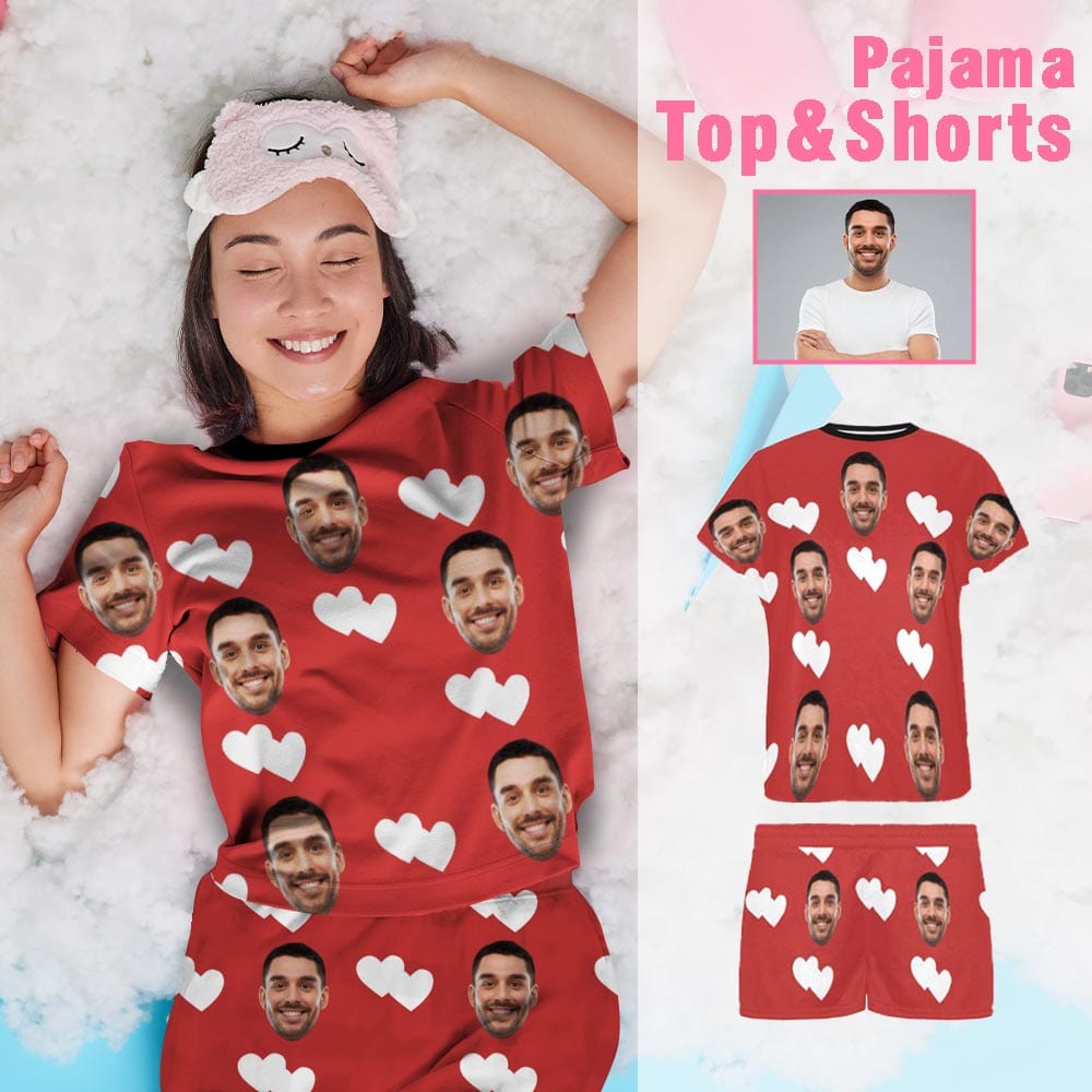 Custom Husband Face Heart Red Background Sleepwear Personalized Photo Women's Pajama T-Shirt&Shorts&Pants Free Match