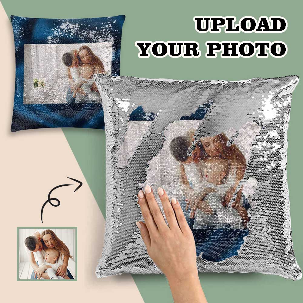 Custom Photo Blue Sequin Pillow Case Personalized Sweet Couple Pillow Cover 15.7"x15.7"