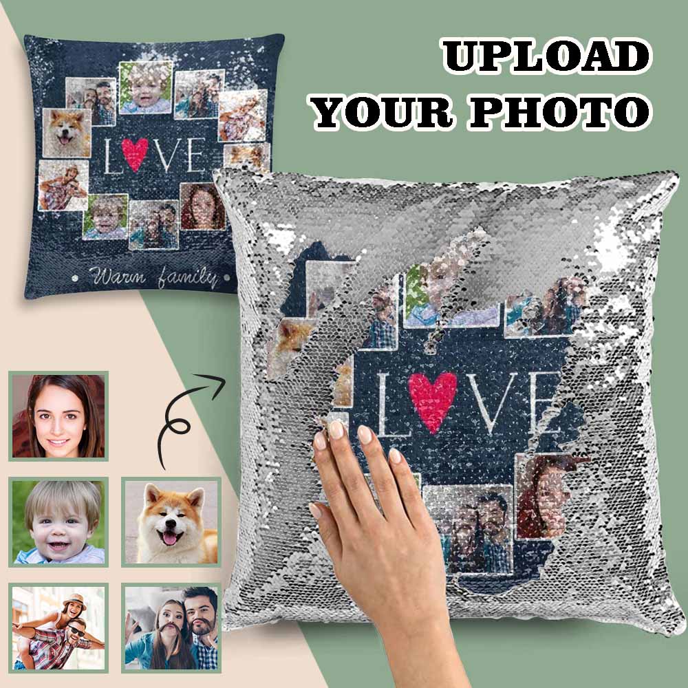 Custom Photo Blue Sequin Pillow Case Print Family Picture on Pillow Cover 15.7"x15.7"