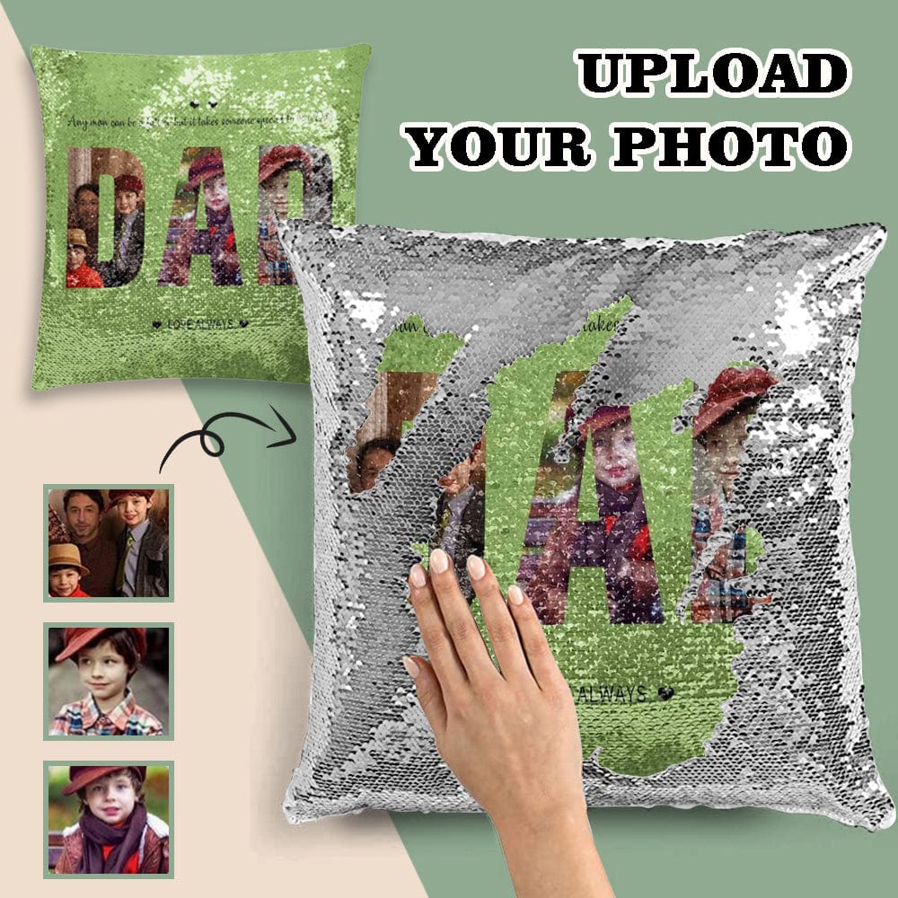 Custom Photo Dad Sequin Pillow Case Personalized Family Picture Pillow Cover 15.7"x15.7"