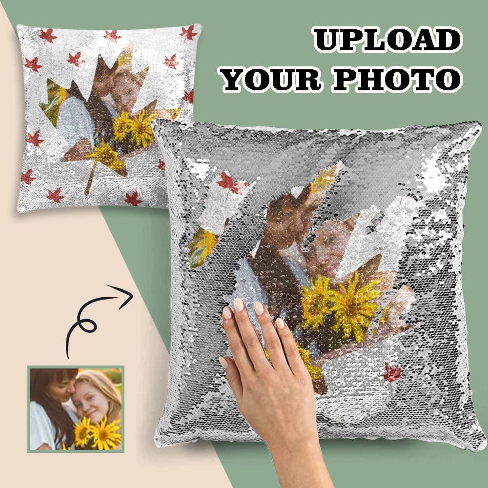 Custom Photo Maple Leaf Sequin Pillow Case Personalized Pillow Cover 15.7"x15.7"