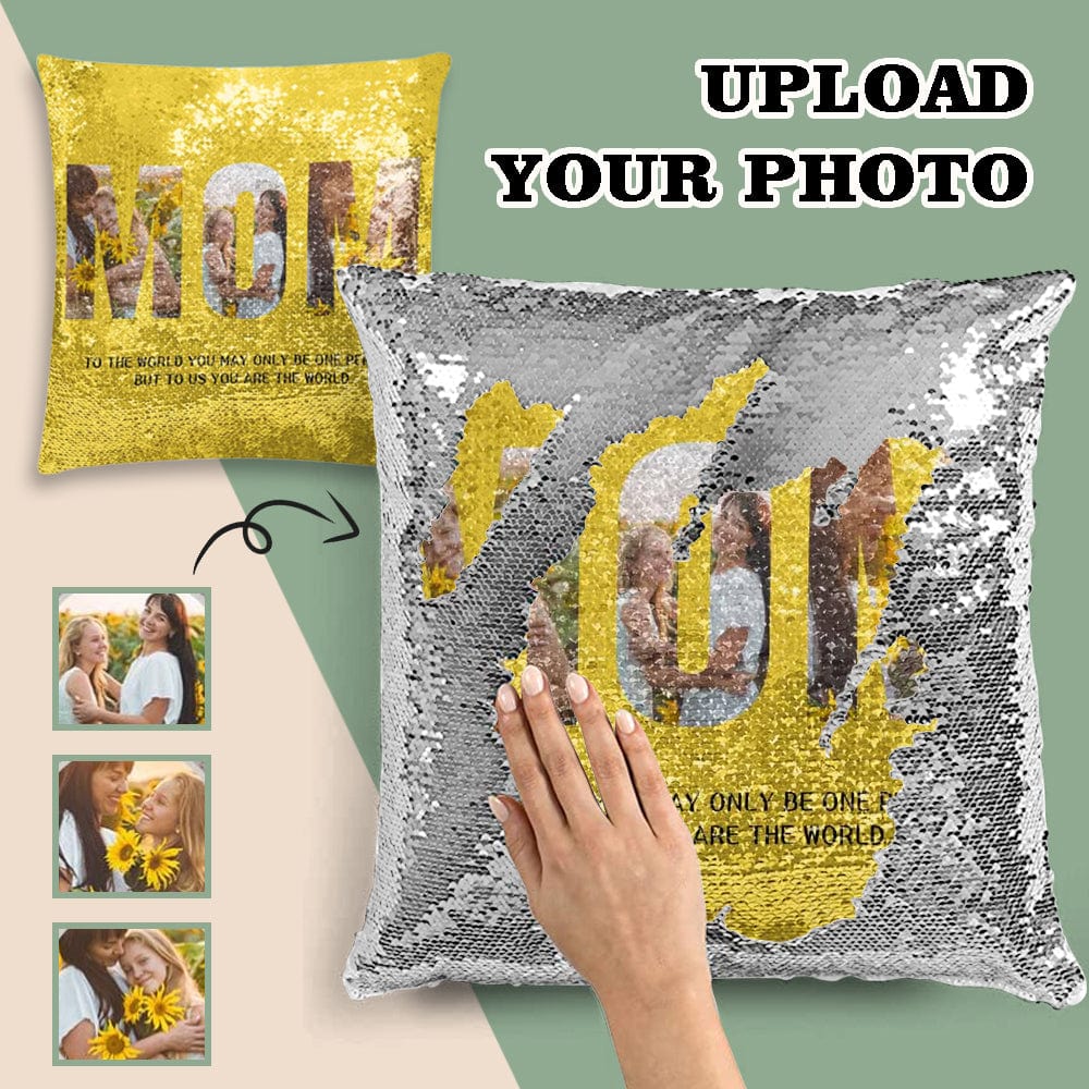 Custom Photo Sequin Pillow Case Design Happy Pictures Pillow Cover for Mom 15.7"x15.7"