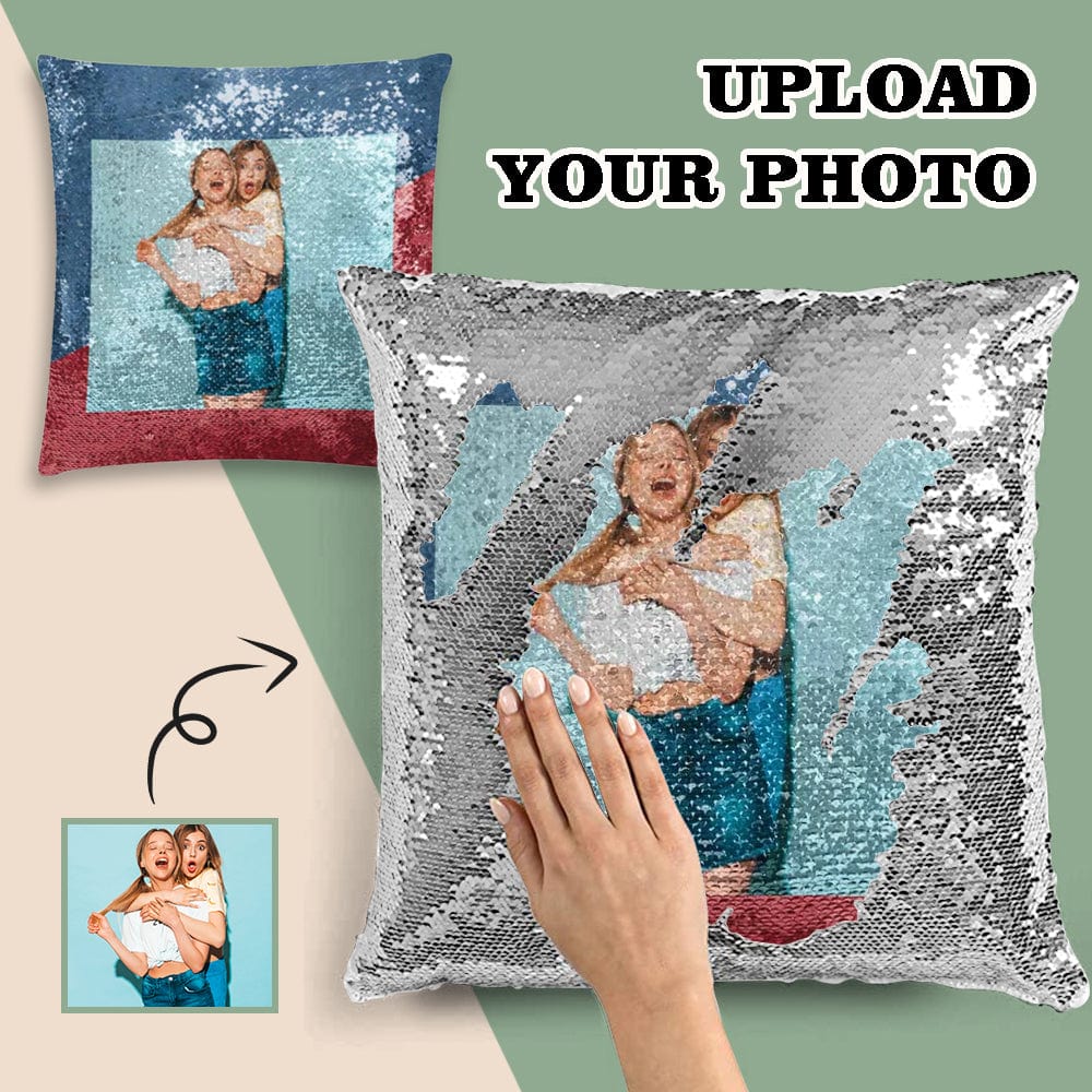 Custom Photo Splice Sequin Pillow Case Personalized Pillow Cover for Friends 15.7"x15.7"
