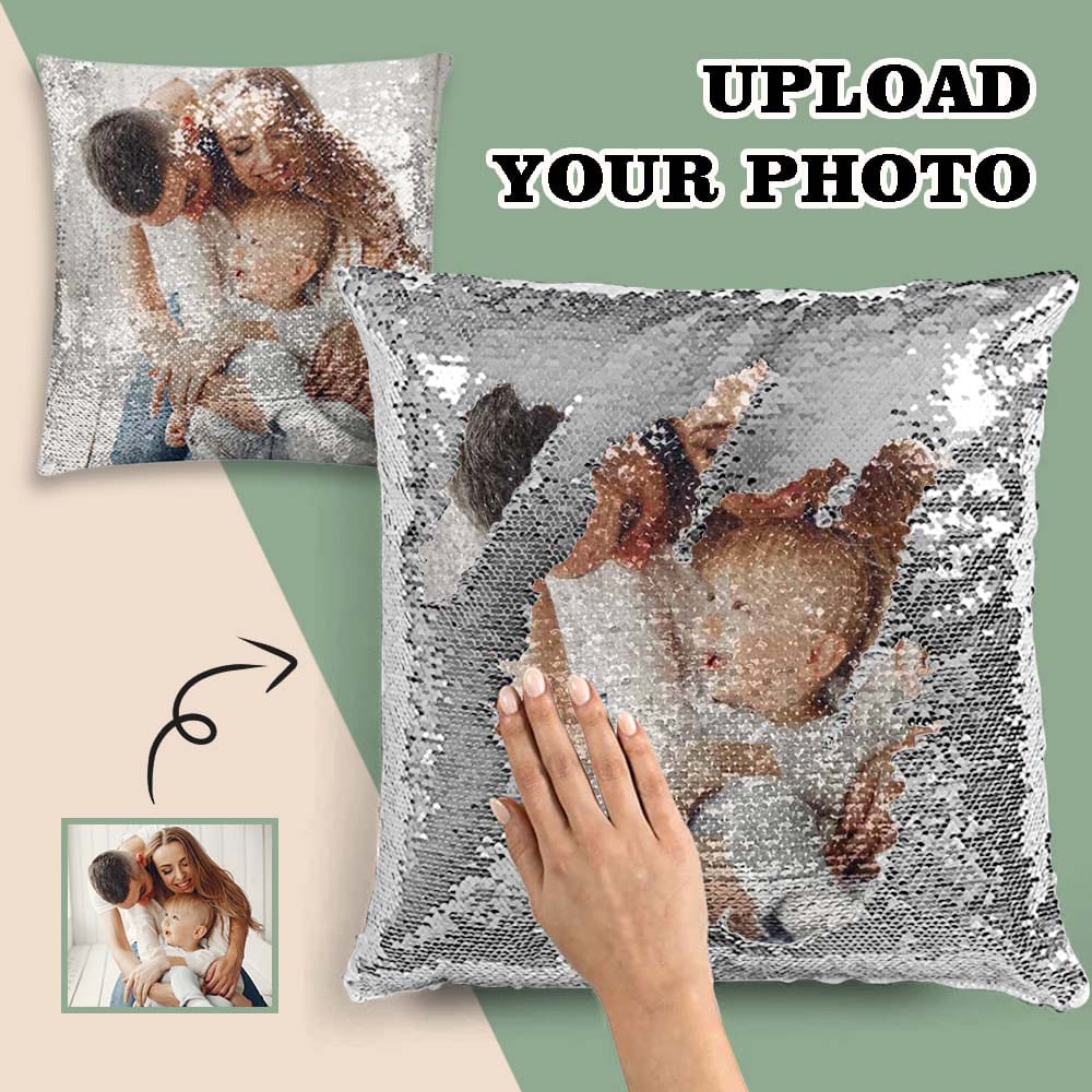 Sequin Pillow Case with Custom Photo Personalized Happy Family Picture Pillow Cover 15.7"x15.7"