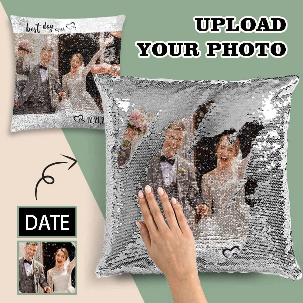 Sequin Pillow Cover with Custom Photo&Date Best Day Ever Sequin Pillow Case for Wedding 15.7"x15.7"