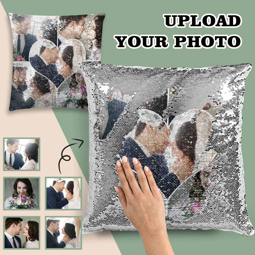 Sequin Pillow Cover with Custom Photo Love You Forever Sequin Pillow Case for Wedding 15.7"x15.7"