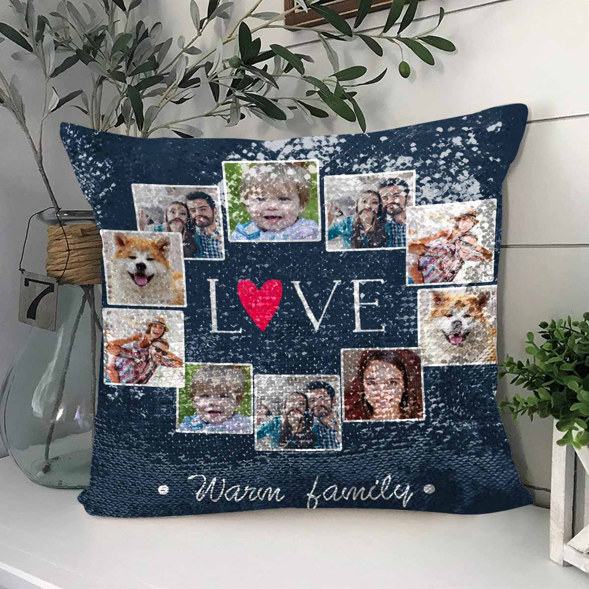Custom Photo Blue Sequin Pillow Case Print Family Picture on Pillow Cover 15.7"x15.7"