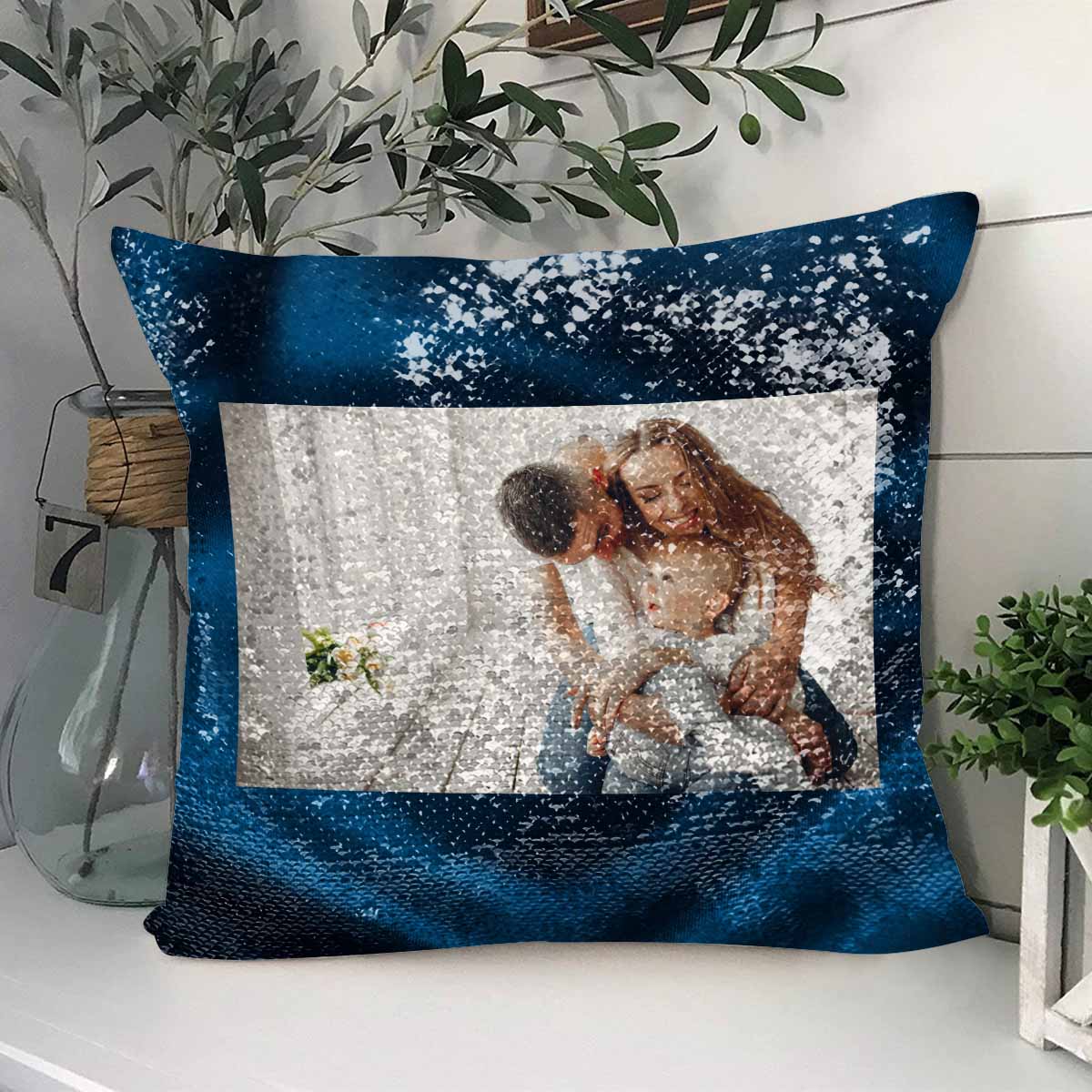 Custom Photo Blue Sequin Pillow Case Personalized Sweet Couple Pillow Cover 15.7"x15.7"