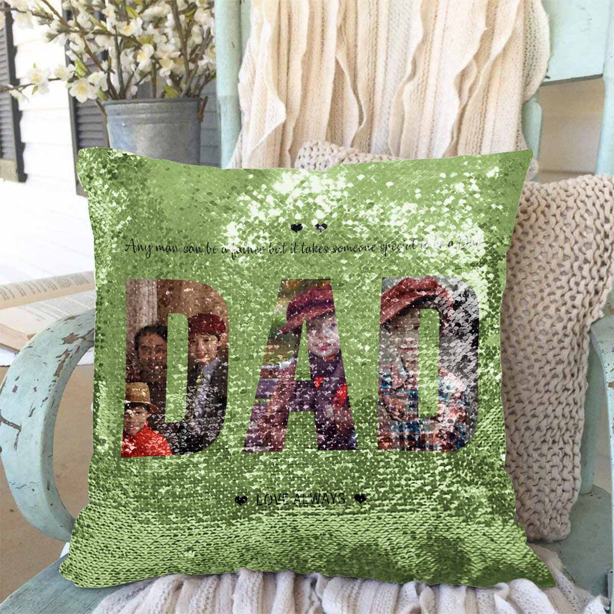 Custom Photo Dad Sequin Pillow Case Personalized Family Picture Pillow Cover 15.7"x15.7"