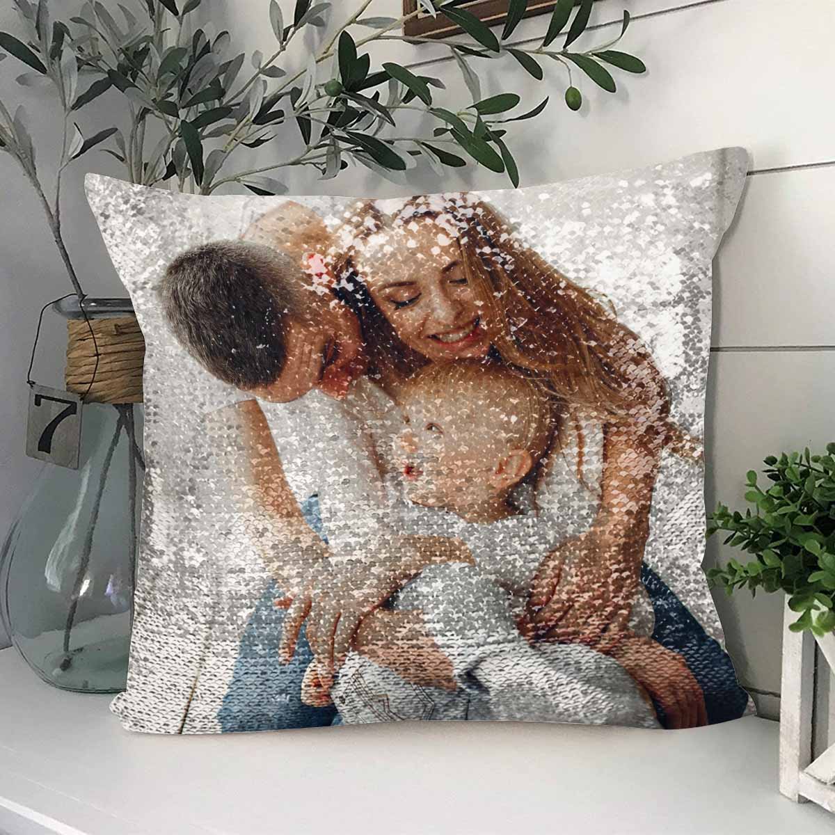 Sequin Pillow Case with Custom Photo Personalized Happy Family Picture Pillow Cover 15.7"x15.7"