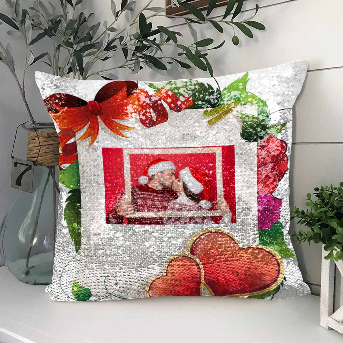 Custom Photo Sequin Pillow Case Design Frame Style Pillow Cover for Lover 15.7"x15.7"