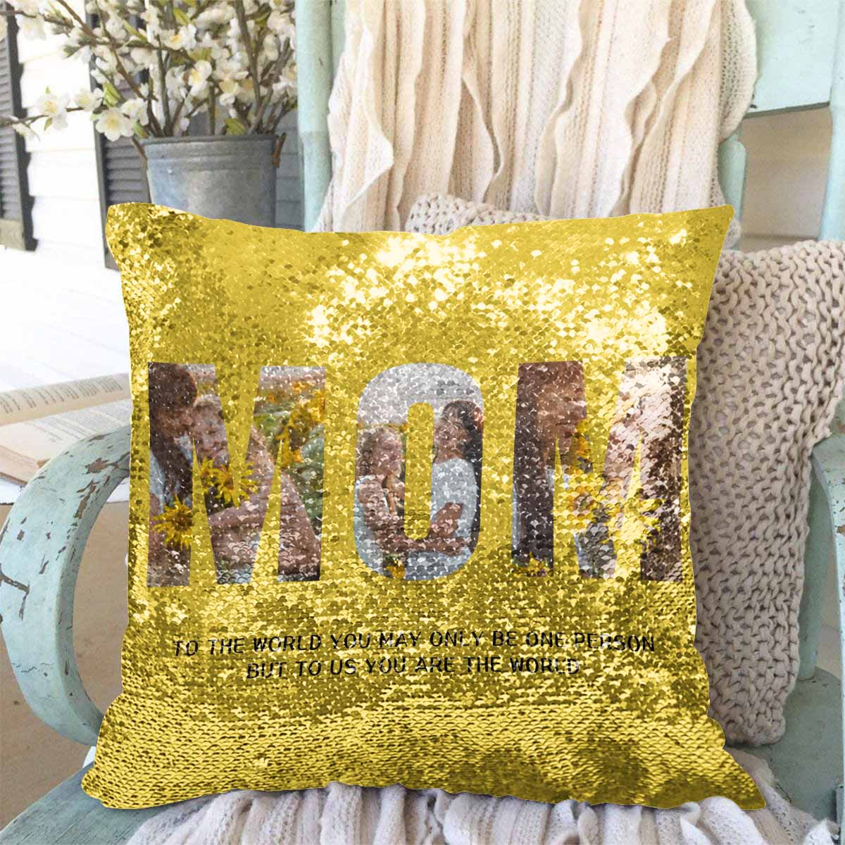 Custom Photo Sequin Pillow Case Design Happy Pictures Pillow Cover for Mom 15.7"x15.7"