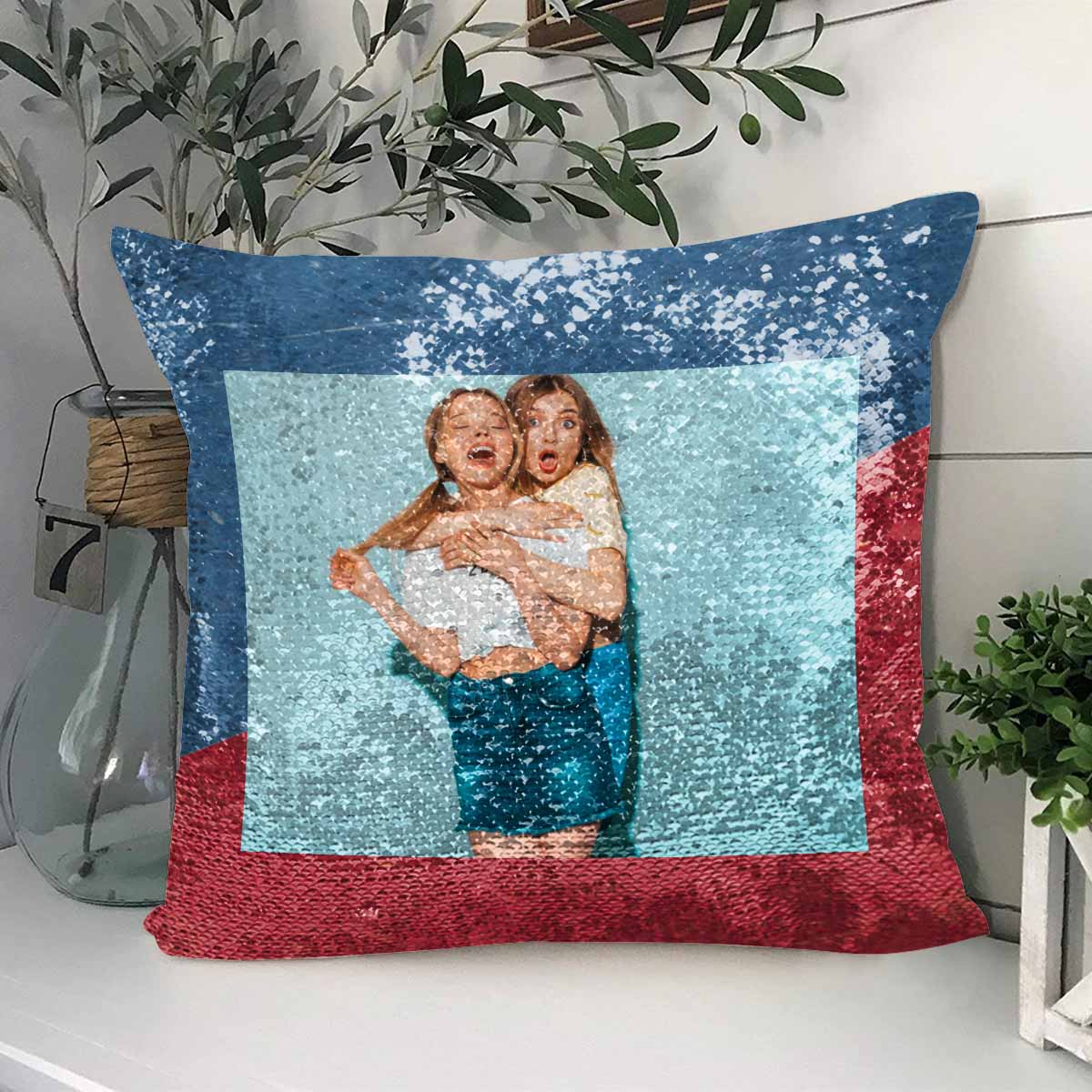 Custom Photo Splice Sequin Pillow Case Personalized Pillow Cover for Friends 15.7"x15.7"