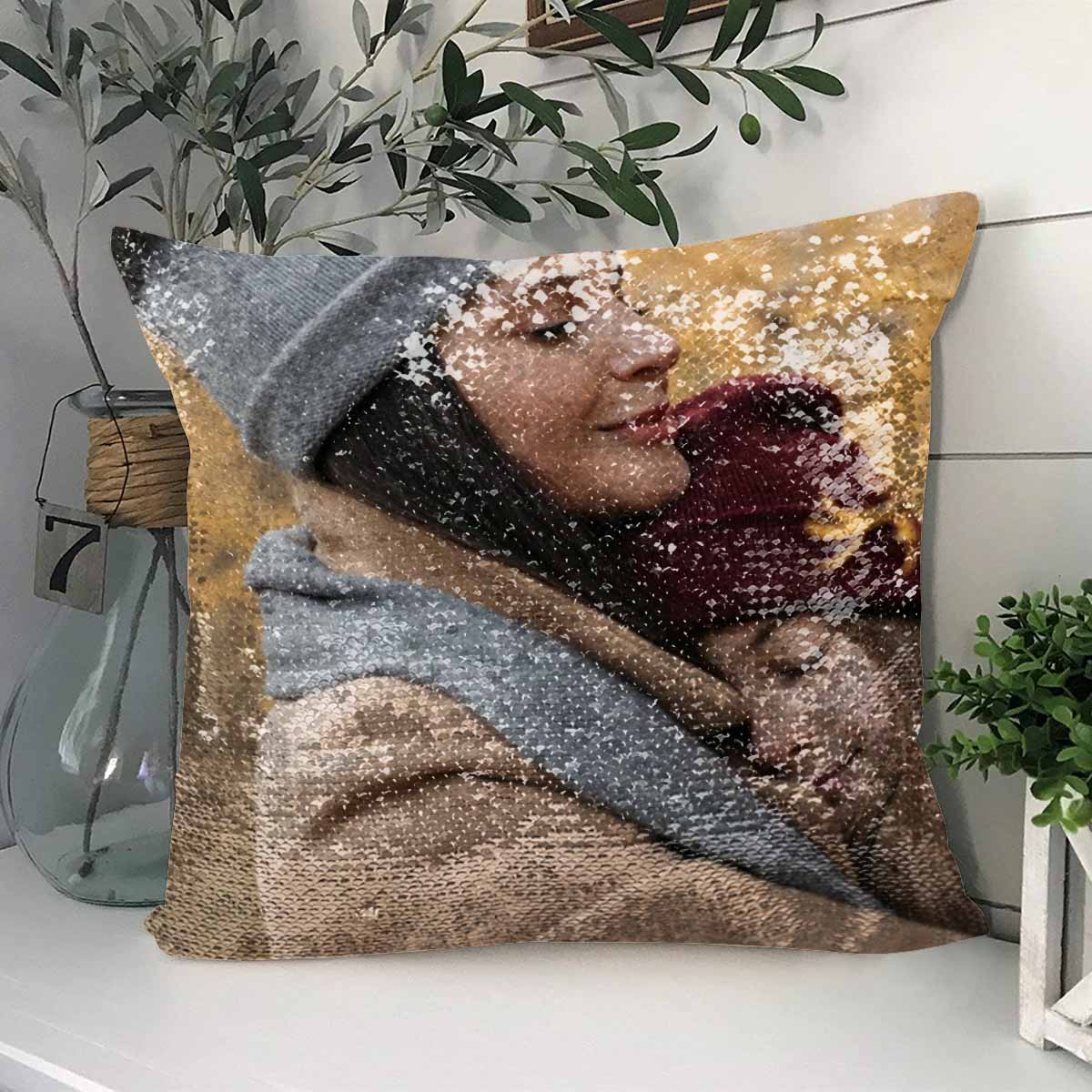 Pillow Cover with Custom Photo Design Simple Sequin Pillow Case Gift 15.7"x15.7"