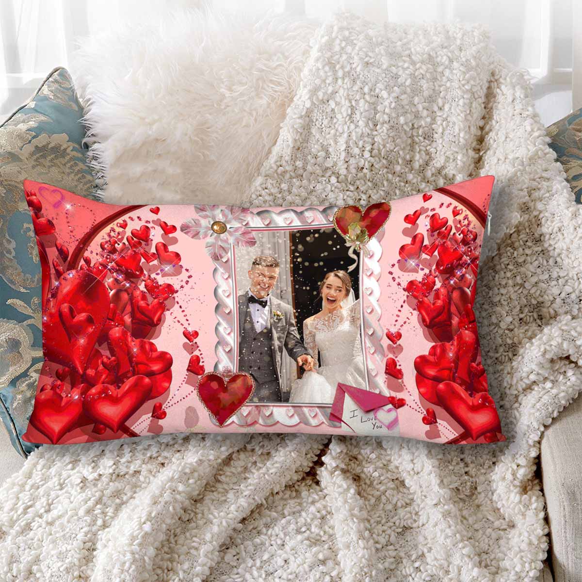 Rectangle Pillow Case with Custom Photo Red Heart Pillow Cover with Personalized Pictures