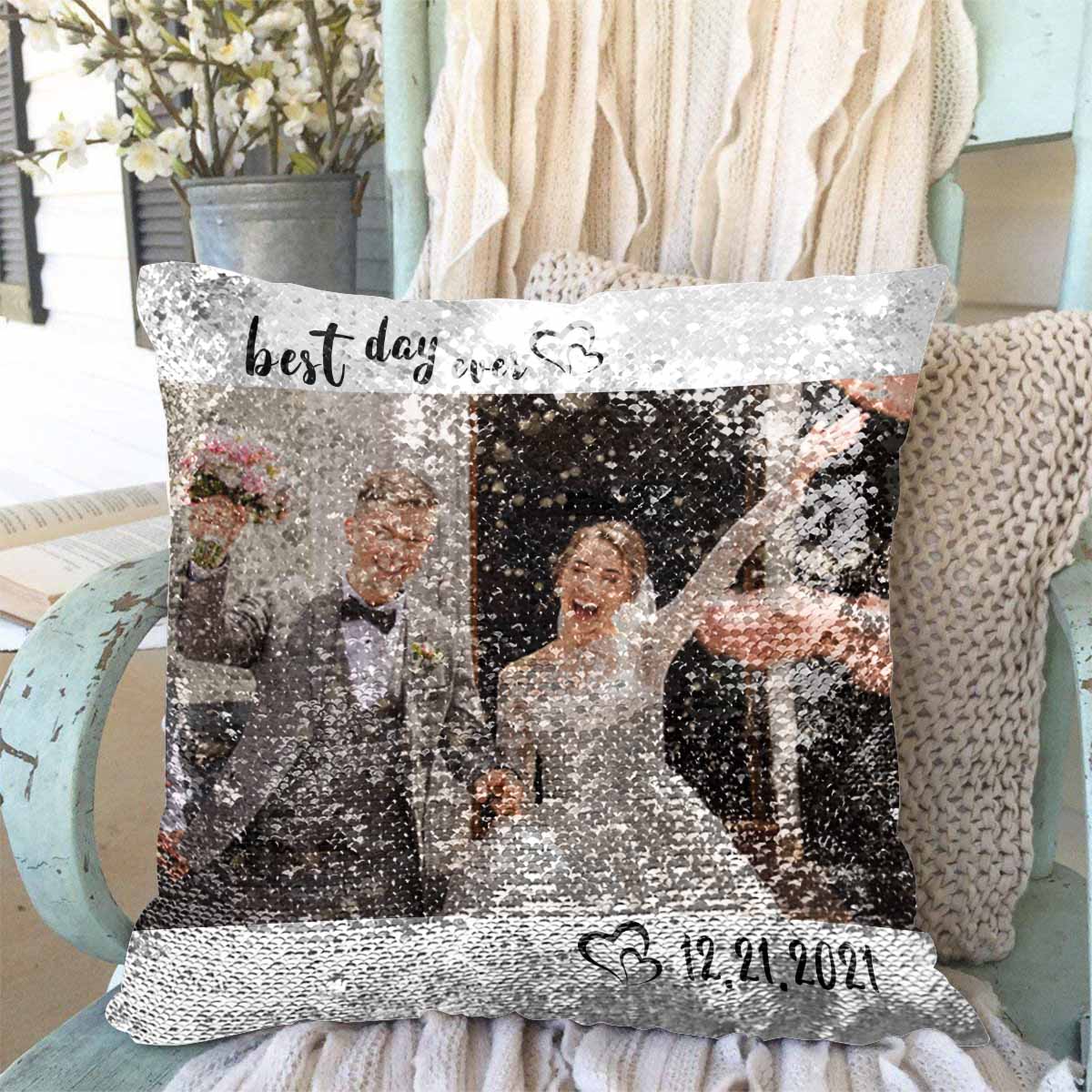 Sequin Pillow Cover with Custom Photo&Date Best Day Ever Sequin Pillow Case for Wedding 15.7"x15.7"