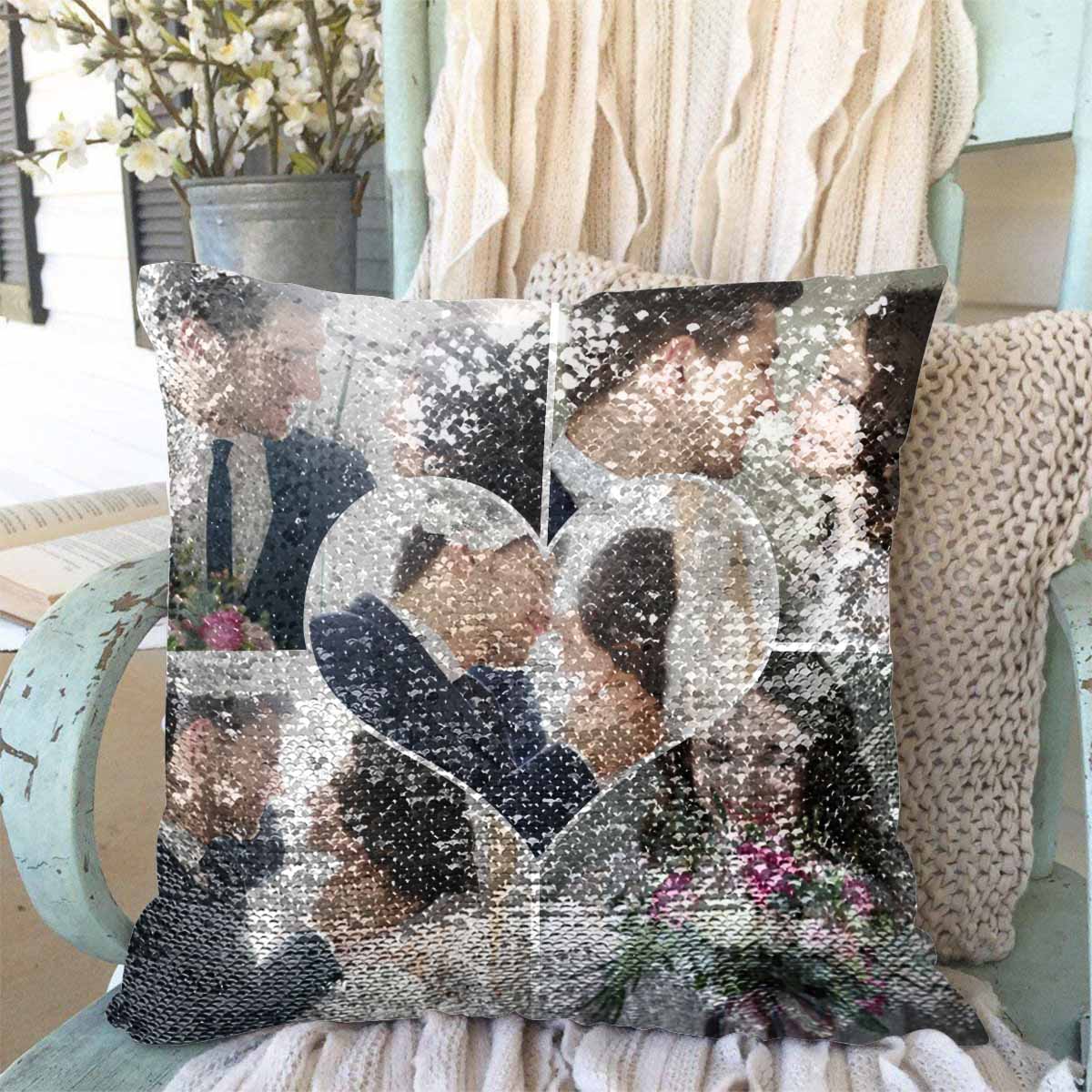 Sequin Pillow Cover with Custom Photo Love You Forever Sequin Pillow Case for Wedding 15.7"x15.7"
