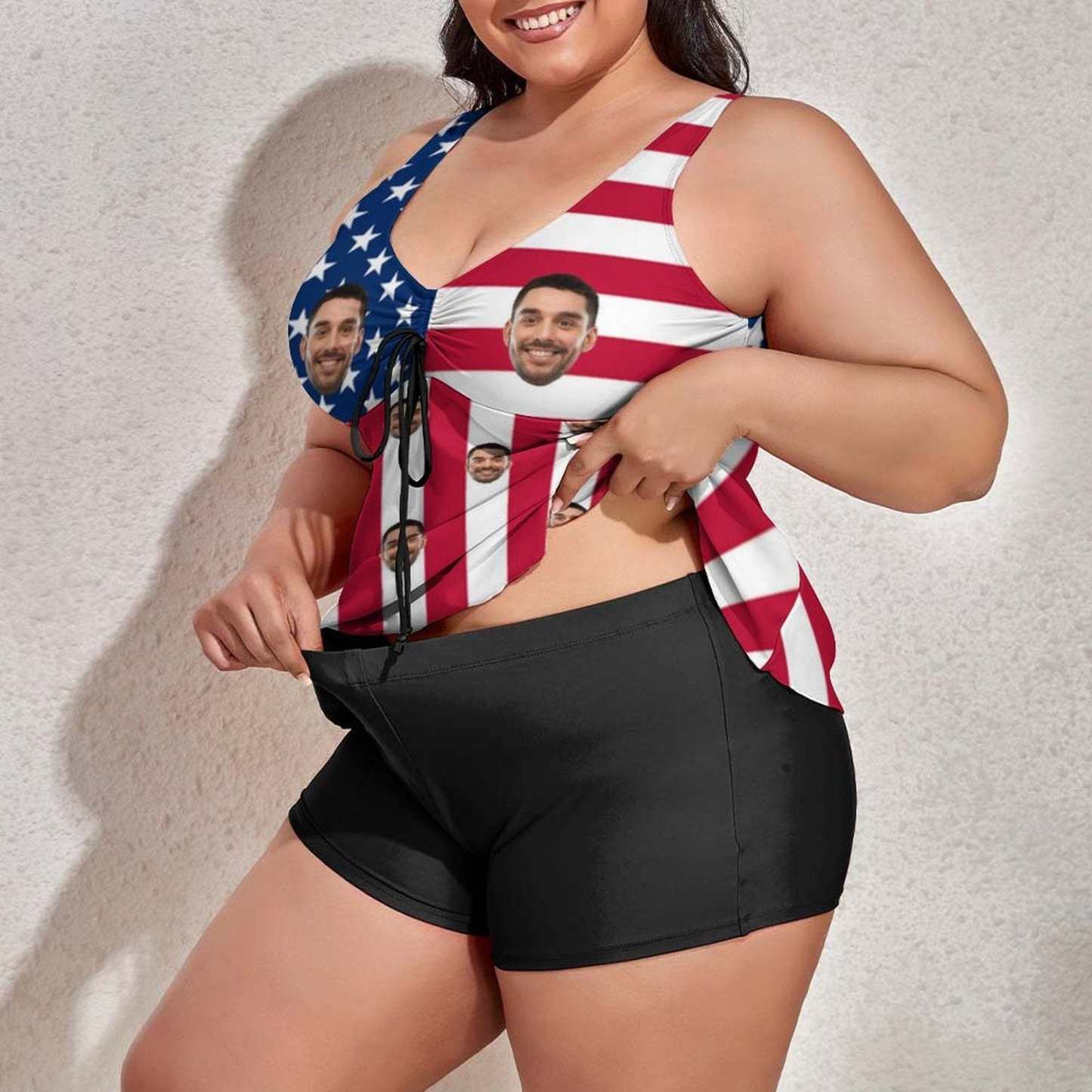 Custom #Plus-Size American Tankini Swimdress 4th of July Boat Trip Beach Cruise Custom Face American Flag Swimsuit Personalized Tankini Bathing Suit For Women 2 Piece Swmsuit - YesCustom