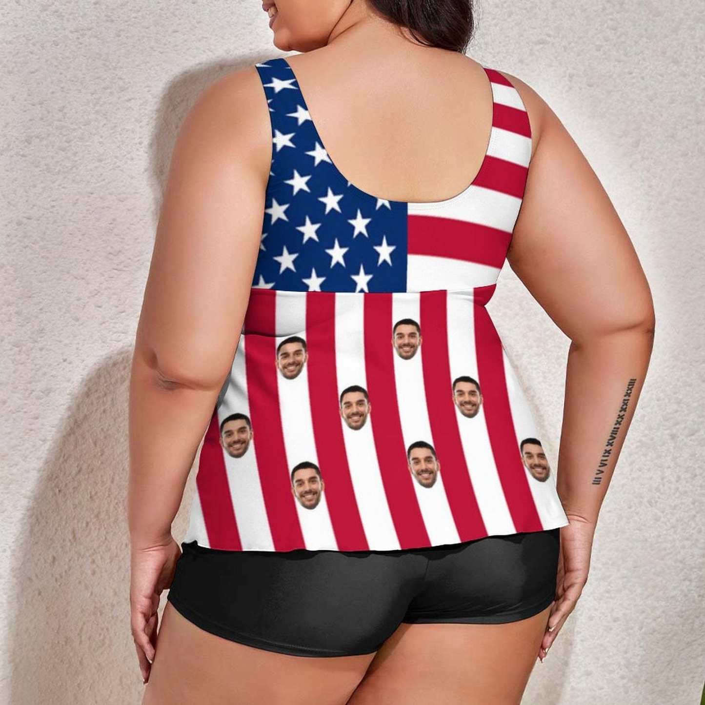Custom #Plus-Size American Tankini Swimdress 4th of July Boat Trip Beach Cruise Custom Face American Flag Swimsuit Personalized Tankini Bathing Suit For Women 2 Piece Swmsuit - YesCustom