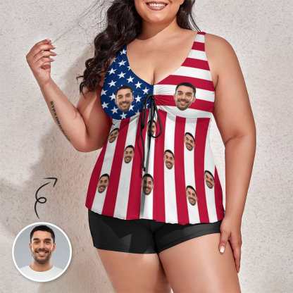 Custom #Plus-Size American Tankini Swimdress 4th of July Boat Trip Beach Cruise Custom Face American Flag Swimsuit Personalized Tankini Bathing Suit For Women 2 Piece Swmsuit - YesCustom