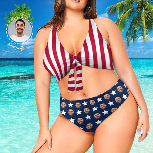 Custom #Plus Size Bikini July 4-4th of July Boat Trip Beach Cruise Outfit Custom Face Bikini National Flag Personalized Women's Chest Strap Bikini Plus Size Swimsuit Celebrate Party - YesCustom