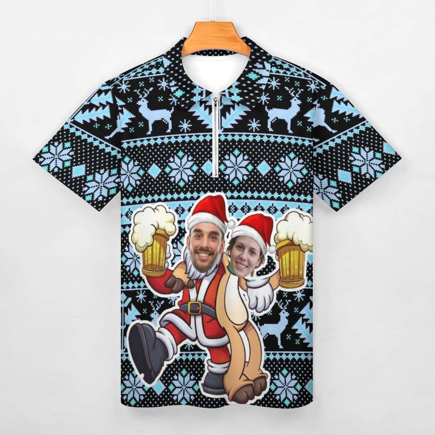 Custom #Plus-Size Custom Couple Face Santa Elk Men's Short Sleeve Polo Shirt Personalized Zipper All Over Print Golf Shirt - YesCustom