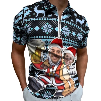 Custom #Plus-Size Custom Couple Face Santa Elk Men's Short Sleeve Polo Shirt Personalized Zipper All Over Print Golf Shirt - YesCustom