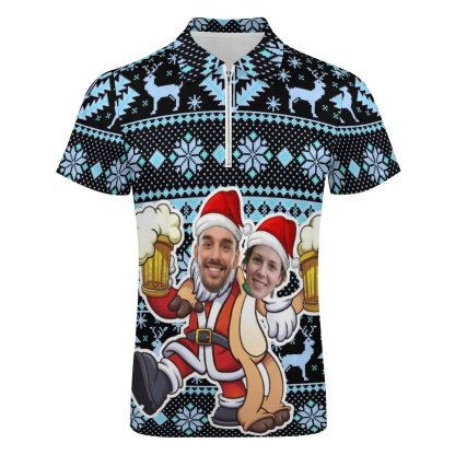Custom #Plus-Size Custom Couple Face Santa Elk Men's Short Sleeve Polo Shirt Personalized Zipper All Over Print Golf Shirt - YesCustom