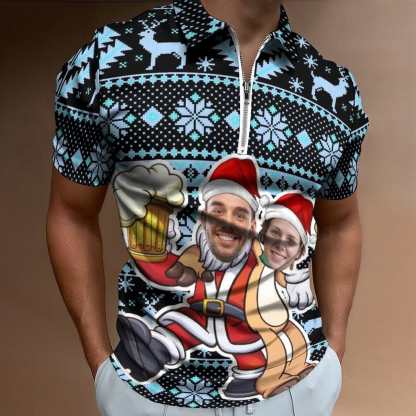 Custom #Plus-Size Custom Couple Face Santa Elk Men's Short Sleeve Polo Shirt Personalized Zipper All Over Print Golf Shirt - YesCustom