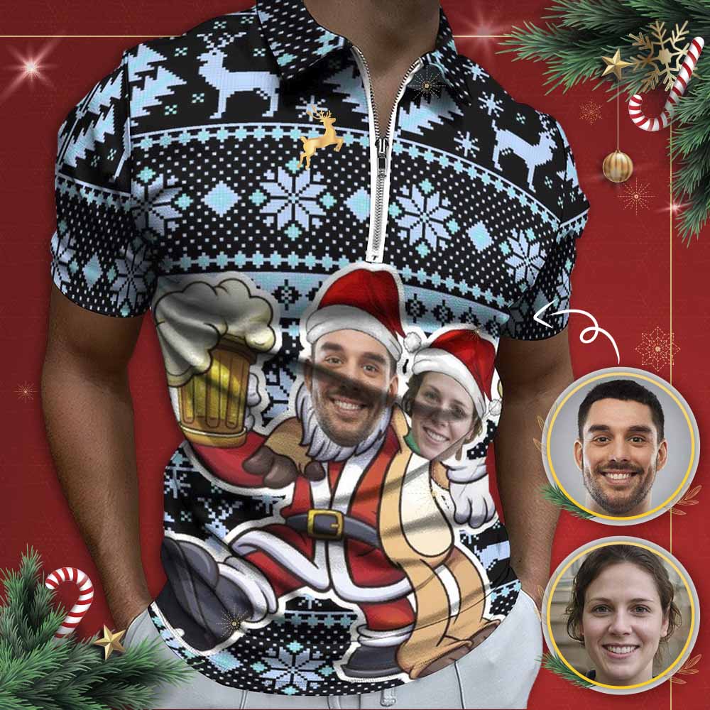 Custom #Plus-Size Custom Couple Face Santa Elk Men's Short Sleeve Polo Shirt Personalized Zipper All Over Print Golf Shirt - YesCustom