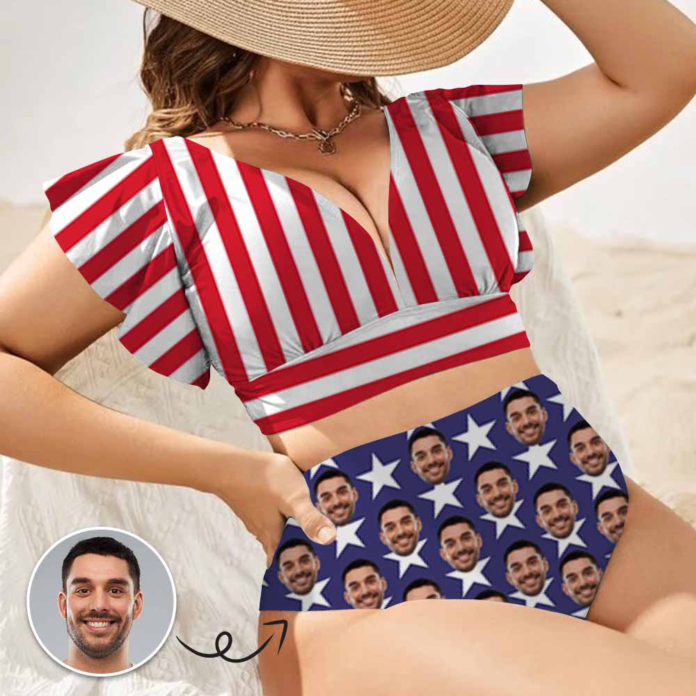 Custom #Plus Size Custom Face American Flag Women Ruffle High Waisted Flounce Bikini Set Two Pieces Swimsuit Beachwear - YesCustom