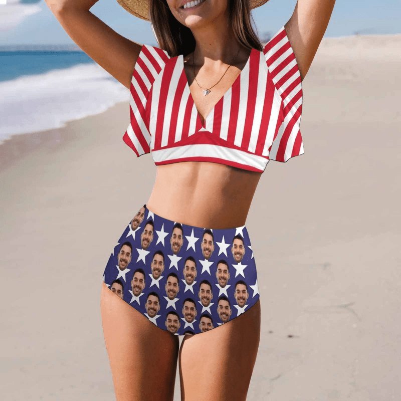 Custom Custom Face American Flag Women Ruffle High Waisted Flounce Bikini Set Two Pieces Swimsuit Beachwear - YesCustom