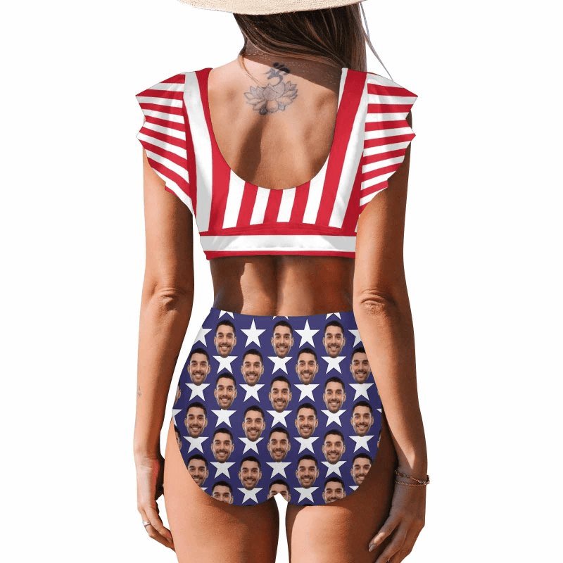 Custom #Plus Size Custom Face American Flag Women Ruffle High Waisted Flounce Bikini Set Two Pieces Swimsuit Beachwear - YesCustom