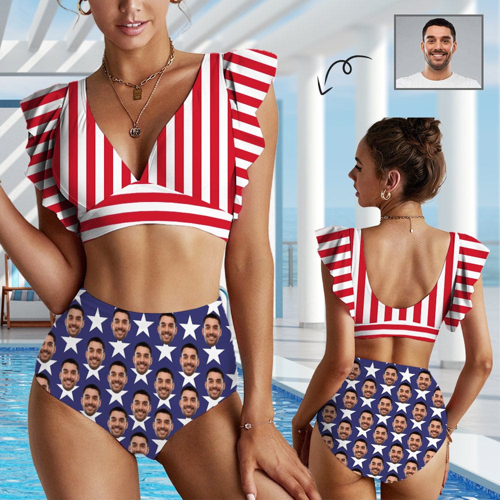 Custom Custom Face American Flag Women Ruffle High Waisted Flounce Bikini Set Two Pieces Swimsuit Beachwear - YesCustom