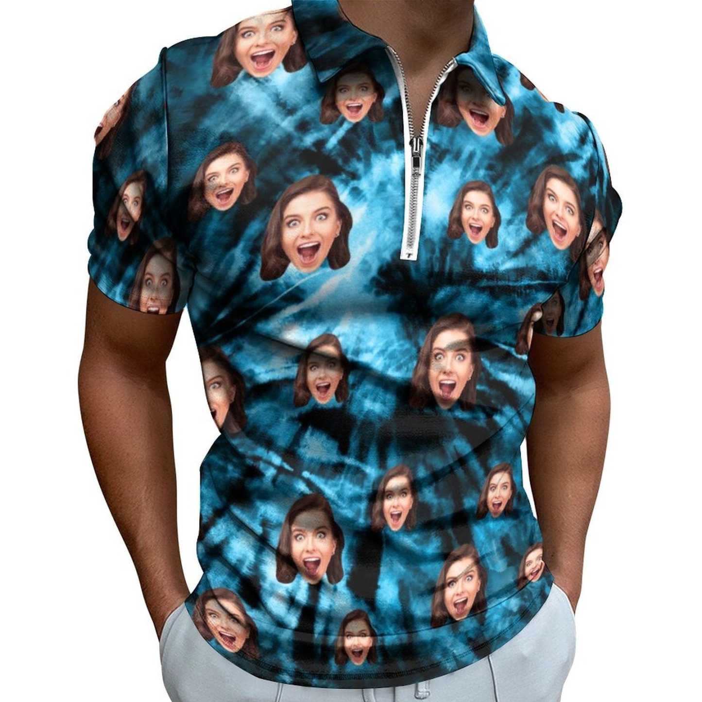 Custom #Plus-Size Custom Face Blue Laser Short Sleeve Polo Shirt Personalized Zipper All Over Print Men's Golf Shirt - YesCustom