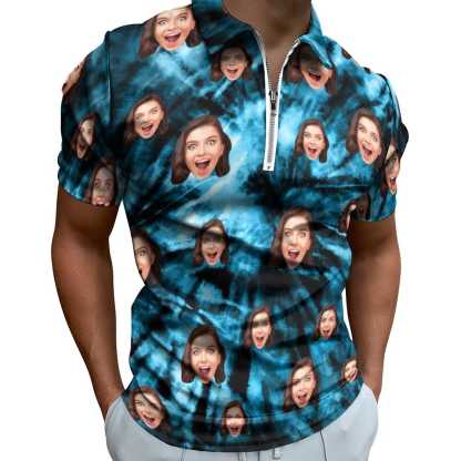 Custom #Plus-Size Custom Face Blue Laser Short Sleeve Polo Shirt Personalized Zipper All Over Print Men's Golf Shirt - YesCustom