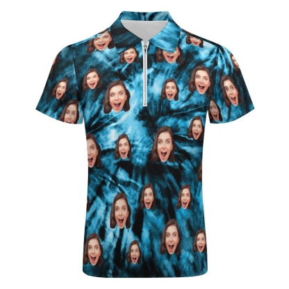 Custom #Plus-Size Custom Face Blue Laser Short Sleeve Polo Shirt Personalized Zipper All Over Print Men's Golf Shirt - YesCustom