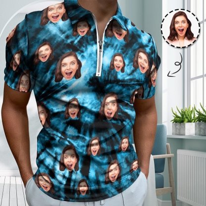 Custom #Plus-Size Custom Face Blue Laser Short Sleeve Polo Shirt Personalized Zipper All Over Print Men's Golf Shirt - YesCustom