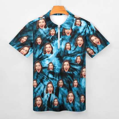 Custom #Plus-Size Custom Face Blue Laser Short Sleeve Polo Shirt Personalized Zipper All Over Print Men's Golf Shirt - YesCustom