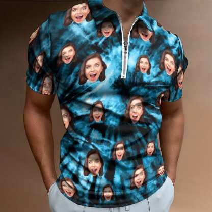 Custom #Plus-Size Custom Face Blue Laser Short Sleeve Polo Shirt Personalized Zipper All Over Print Men's Golf Shirt - YesCustom