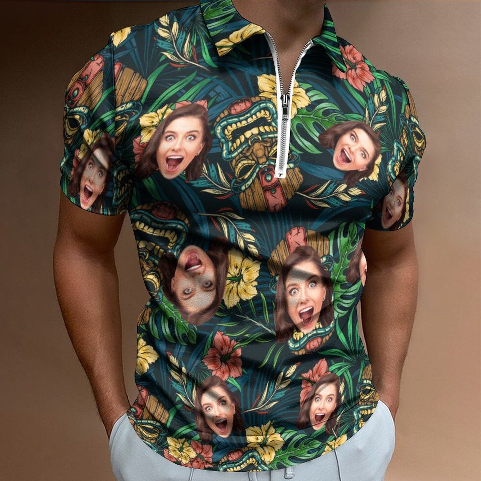Custom #Plus-Size Custom Face Flower Leaf Monster Short Sleeve Polo Shirt Personalized Zipper All Over Print Men's Golf Shirt - YesCustom