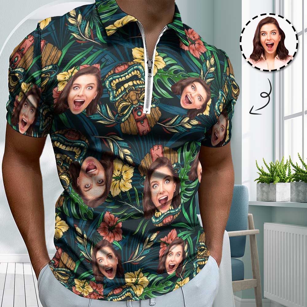 Custom #Plus-Size Custom Face Flower Leaf Monster Short Sleeve Polo Shirt Personalized Zipper All Over Print Men's Golf Shirt - YesCustom