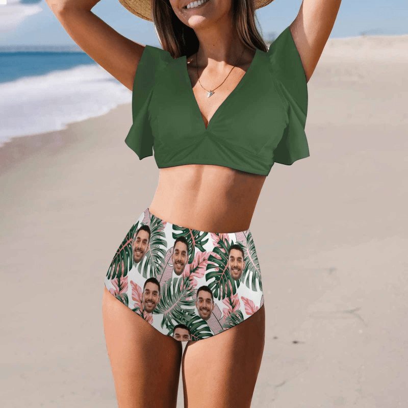 Custom Custom Face Flowers Tropical Plants Women Ruffle High Waisted Flounce Bikini Set Two Pieces Swimsuit Beachwear - YesCustom