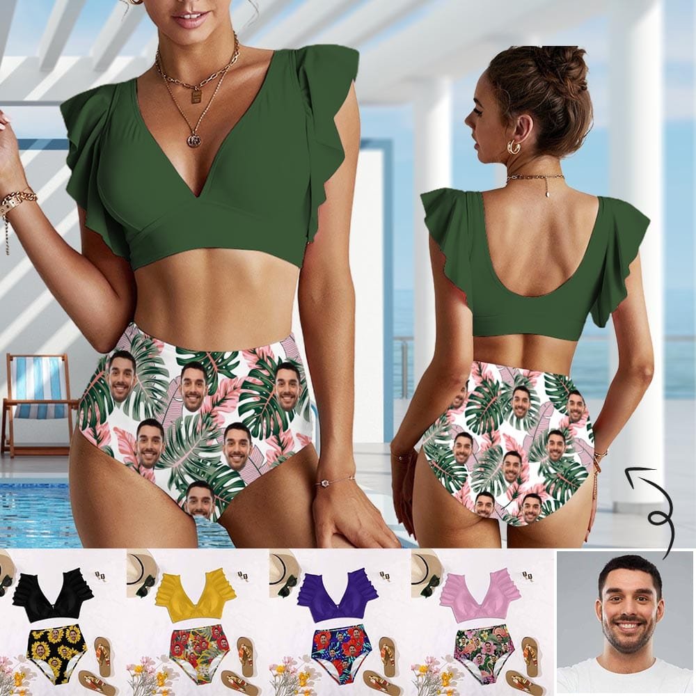 Custom Custom Face Flowers Tropical Plants Women Ruffle High Waisted Flounce Bikini Set Two Pieces Swimsuit Beachwear - YesCustom