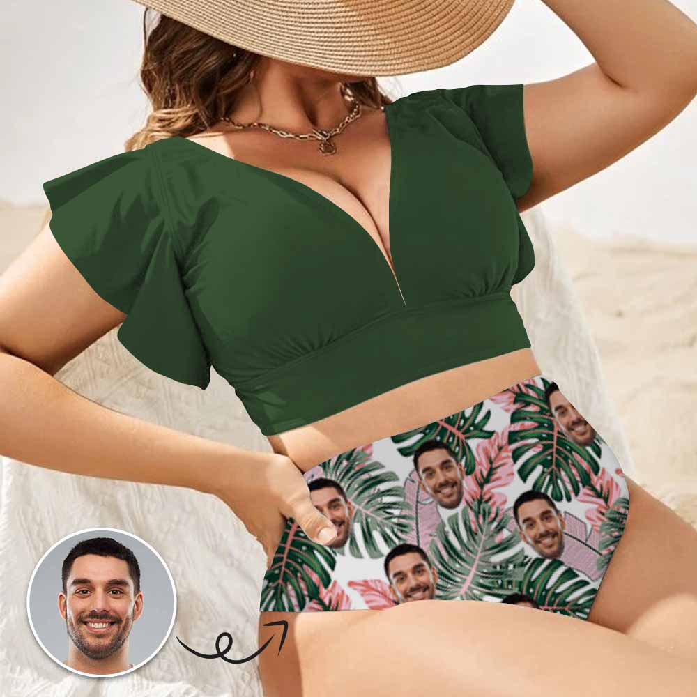 Custom #Plus Size Custom Face Flowers Tropical Plants Women Ruffle High Waisted Flounce Bikini Set Two Pieces Swimsuit Beachwear - YesCustom