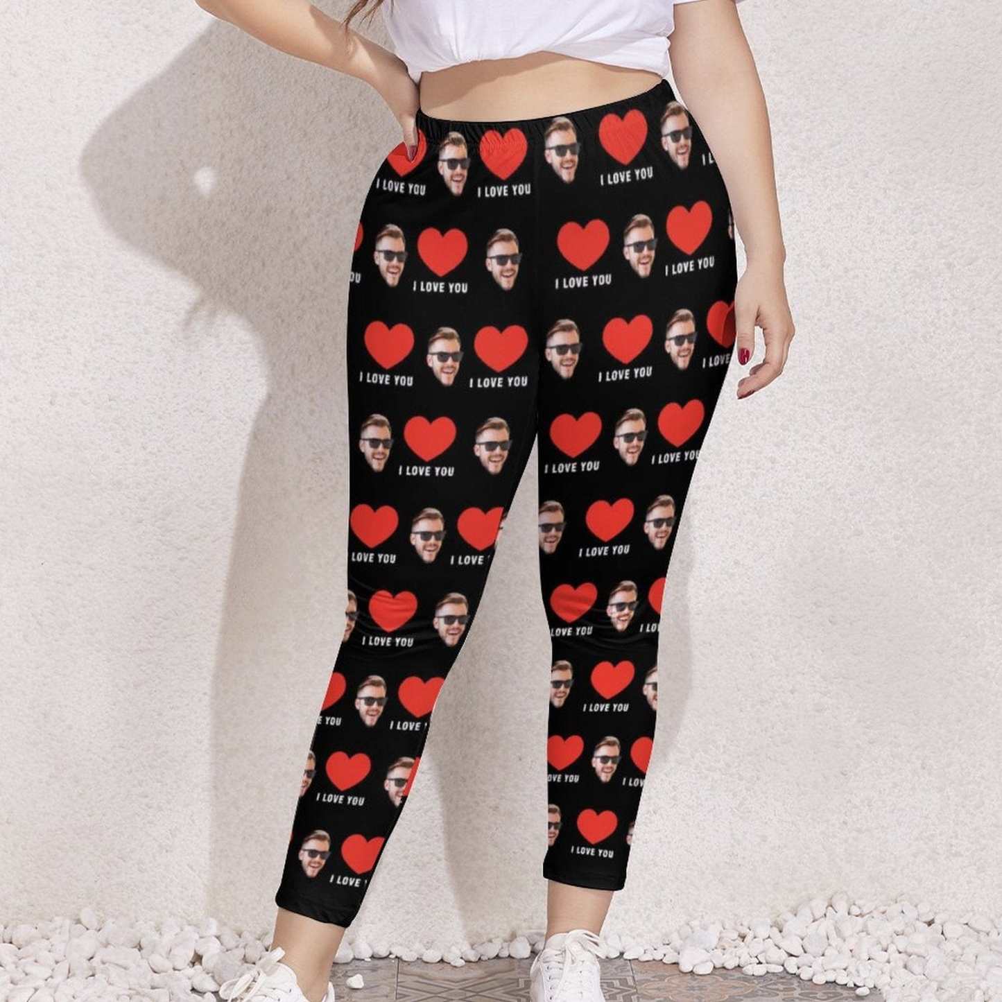 Custom #Plus Size Custom Face Red Heart I Love You Women's Plus Size Stretch Leggings - YesCustom