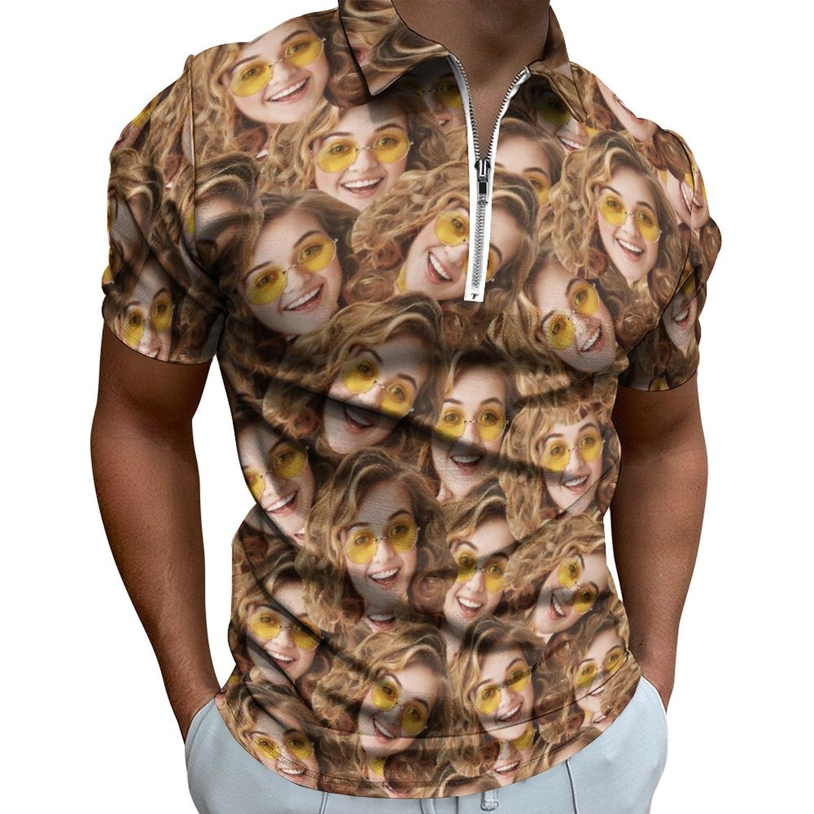 Custom #Plus-Size Custom Face Seamless Selfie Men's Short Sleeve Polo Shirt Personalized Zipper All Over Print Golf Shirt - YesCustom