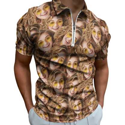Custom #Plus-Size Custom Face Seamless Selfie Men's Short Sleeve Polo Shirt Personalized Zipper All Over Print Golf Shirt - YesCustom