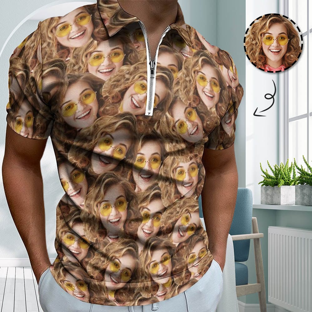 Custom #Plus-Size Custom Face Seamless Selfie Men's Short Sleeve Polo Shirt Personalized Zipper All Over Print Golf Shirt - YesCustom